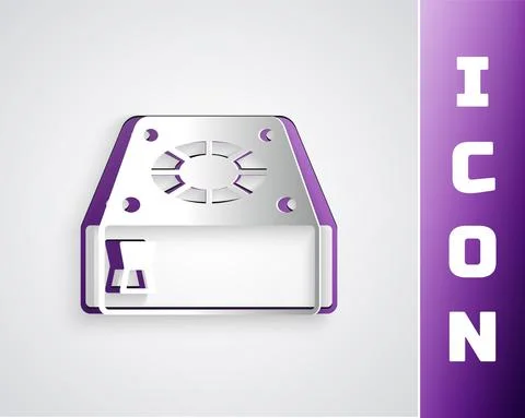 Paper cut Computer cooler icon isolated on grey background. PC hardware fan Illustrazione stock