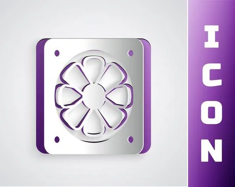 Paper cut Computer cooler icon isolated on grey background. PC hardware fan Stock Illustration