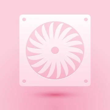 Paper cut Computer cooler icon isolated on pink background. PC hardware fan Stock Illustration