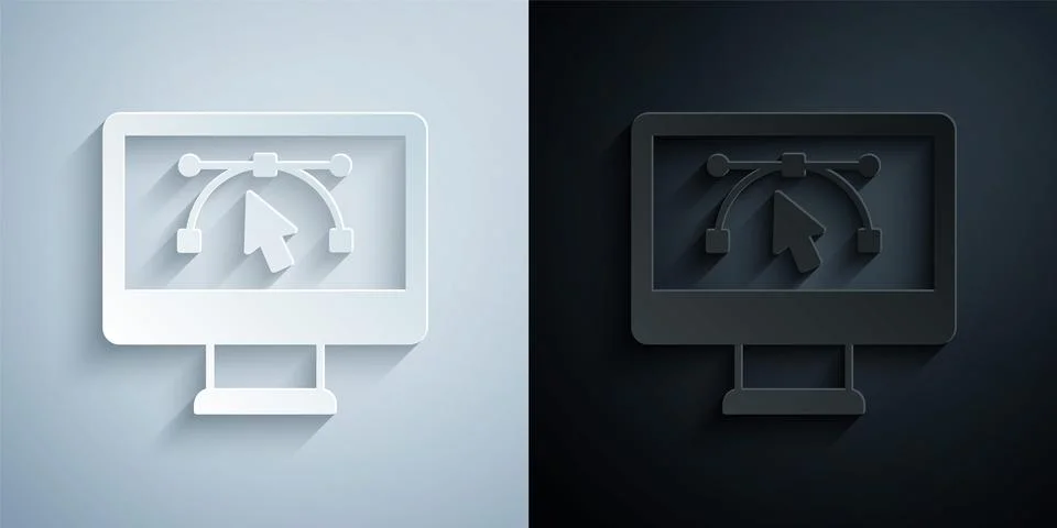 Paper cut Computer display with vector design program icon isolated on isol.. Stock Illustration