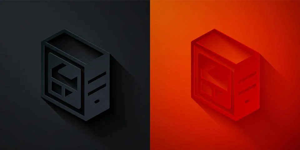 Paper cut Computer icon isolated on black and red background. PC component .. Stock-Illustration