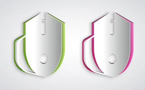 Paper cut Computer mouse gaming icon isolated on grey background. Optical wit Illustrazione stock