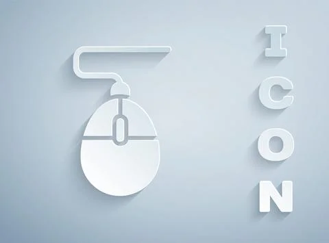 Paper cut Computer mouse gaming icon isolated on grey background. Optical with Stock Illustration