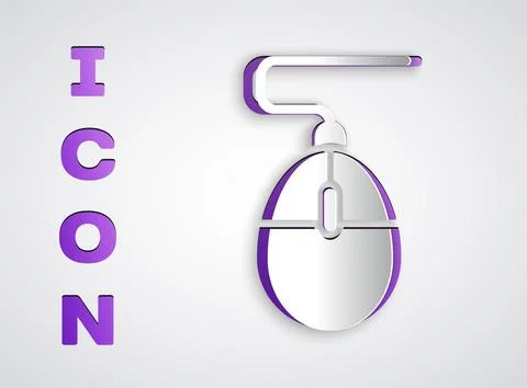 Paper cut Computer mouse gaming icon isolated on grey background. Optical w.. Illustrazione stock