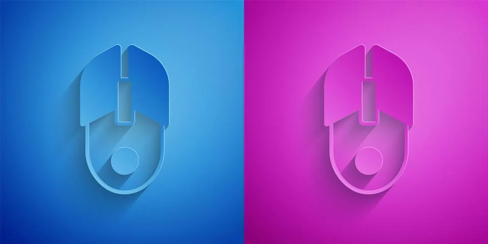 Paper cut Computer mouse icon isolated on blue and purple background. Optical Stock Illustration