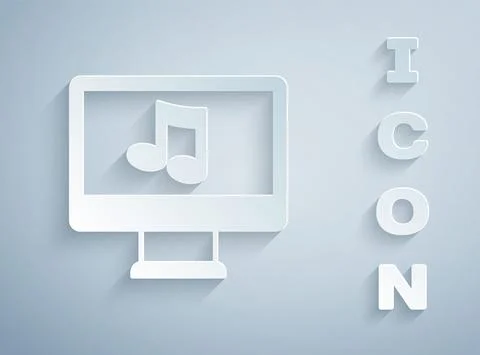 Paper cut Computer with music note symbol on screen icon isolated on grey 스톡 일러스트