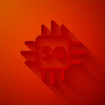 Paper cut Computer processor 5G with microcircuits CPU icon isolated on red Stock Illustration