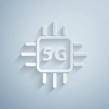 Paper cut Computer processor 5G with microcircuits CPU icon isolated on grey イラスト素材