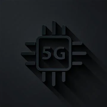 Paper cut Computer processor 5G with microcircuits CPU icon isolated on black Stock Illustration