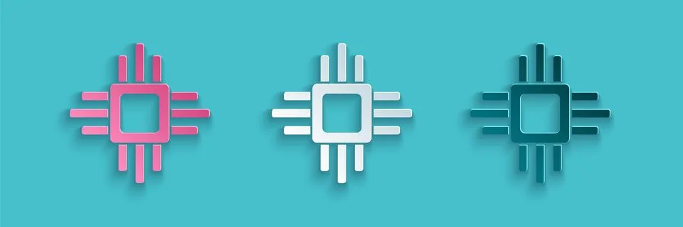 Paper cut Computer processor with microcircuits CPU icon isolated on blue Illustrazione stock