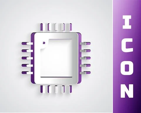 Paper cut Computer processor with microcircuits CPU icon isolated on grey Stock Illustration