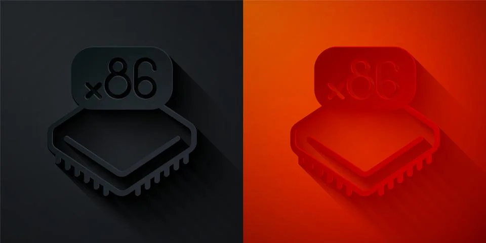 Paper cut Computer processor with microcircuits CPU icon isolated on black and Illustrazione stock