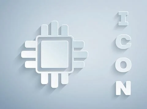 Paper cut Computer processor with microcircuits CPU icon isolated on grey 스톡 일러스트