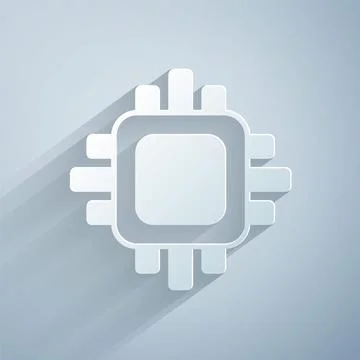 Paper cut Computer processor with microcircuits CPU icon isolated on grey Stock Illustration
