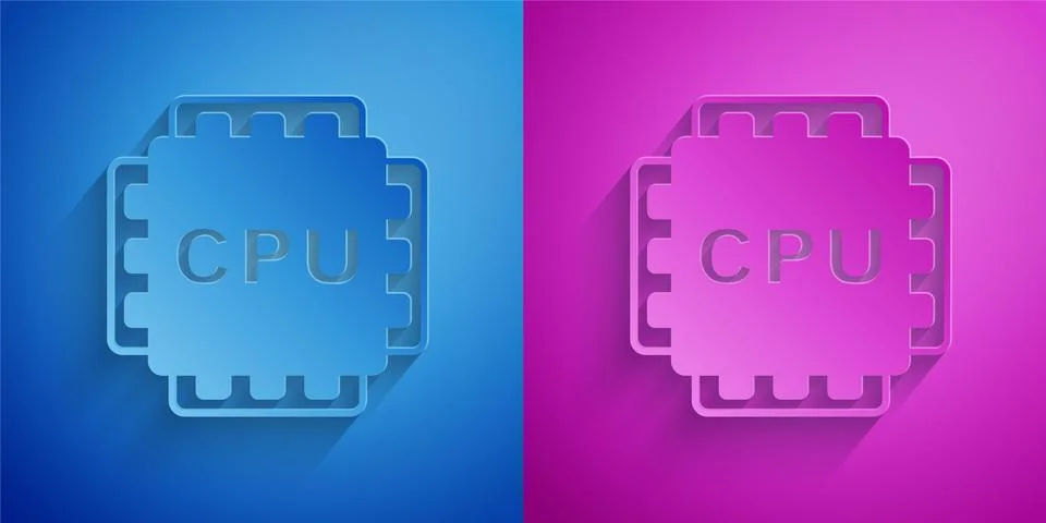 Paper cut Computer processor with microcircuits CPU icon isolated on blue and Stock Illustration