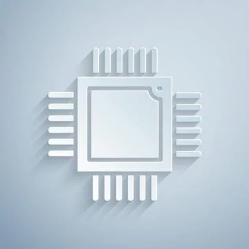 Paper cut Computer processor with microcircuits CPU icon isolated on grey Stock Illustration