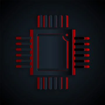 Paper cut Computer processor with microcircuits CPU icon isolated on black Stock Illustration