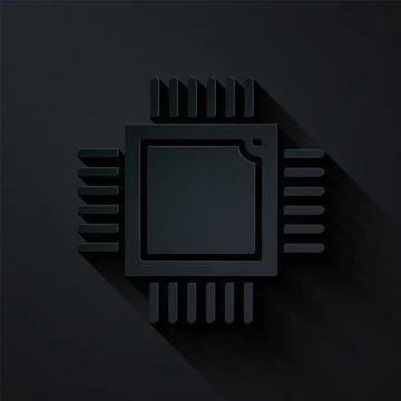 Paper cut Computer processor with microcircuits CPU icon isolated on black Illustrazione stock