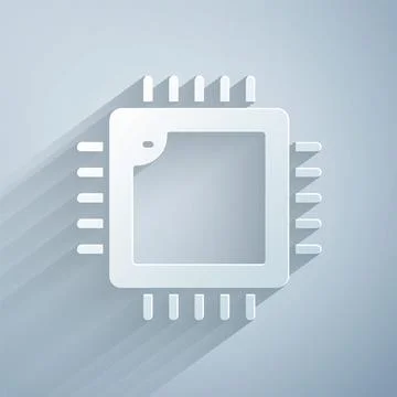 Paper cut Computer processor with microcircuits CPU icon isolated on grey Illustrazione stock