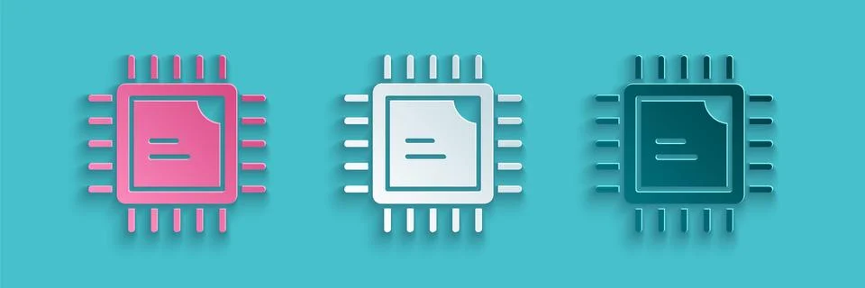 Paper cut Computer processor with microcircuits CPU icon isolated on blue 스톡 일러스트