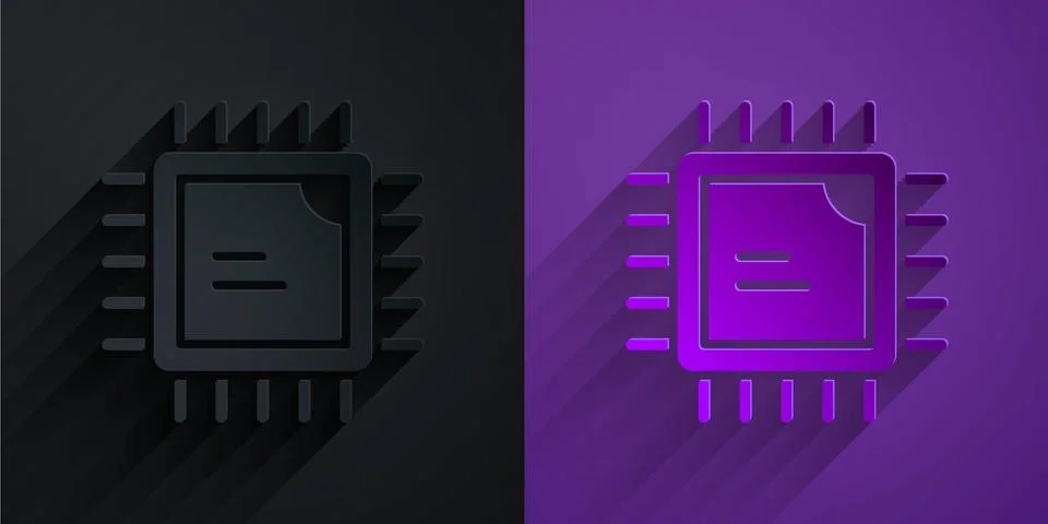 Paper cut Computer processor with microcircuits CPU icon isolated on black on イラスト素材