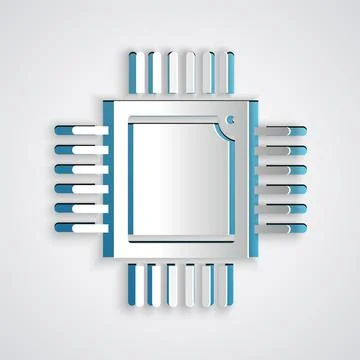 Paper cut Computer processor with microcircuits CPU icon isolated on grey イラスト素材