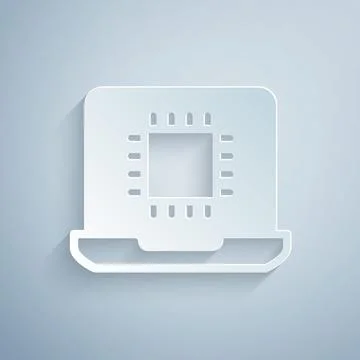 Paper cut Computer processor with microcircuits CPU icon isolated on grey Stock Illustration