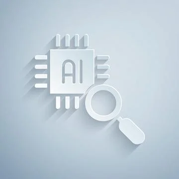 Paper cut Computer processor with microcircuits CPU icon isolated on grey 스톡 일러스트