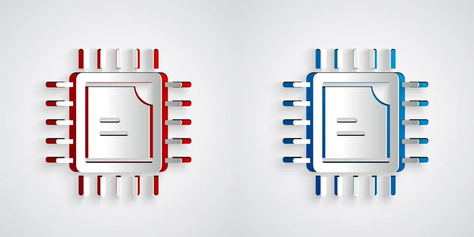 Paper cut Computer processor with microcircuits CPU icon isolated on grey Stock Illustration