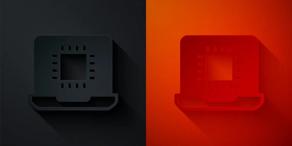 Paper cut Computer processor with microcircuits CPU icon isolated on black and イラスト素材