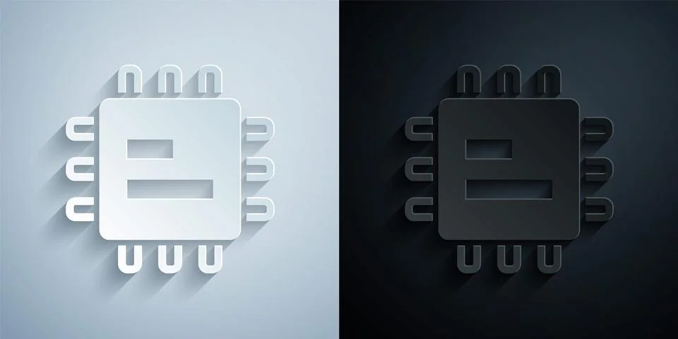 Paper cut Computer processor with microcircuits CPU icon isolated on grey and Stock Illustration