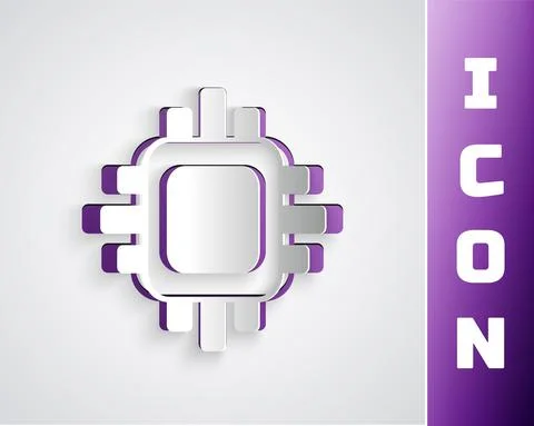Paper cut Computer processor with microcircuits CPU icon isolated on grey Stock Illustration