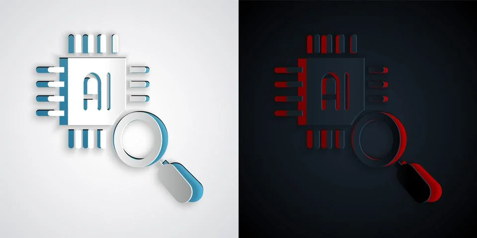 Paper cut Computer processor with microcircuits CPU icon isolated on grey and Illustrazione stock