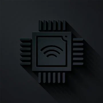 Paper cut Computer processor with microcircuits CPU icon isolated on black Stock Illustration