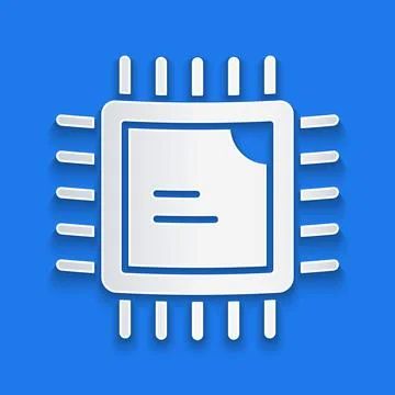 Paper cut Computer processor with microcircuits CPU icon isolated on blue Illustrazione stock