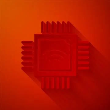 Paper cut Computer processor with microcircuits CPU icon isolated on red Stock Illustration