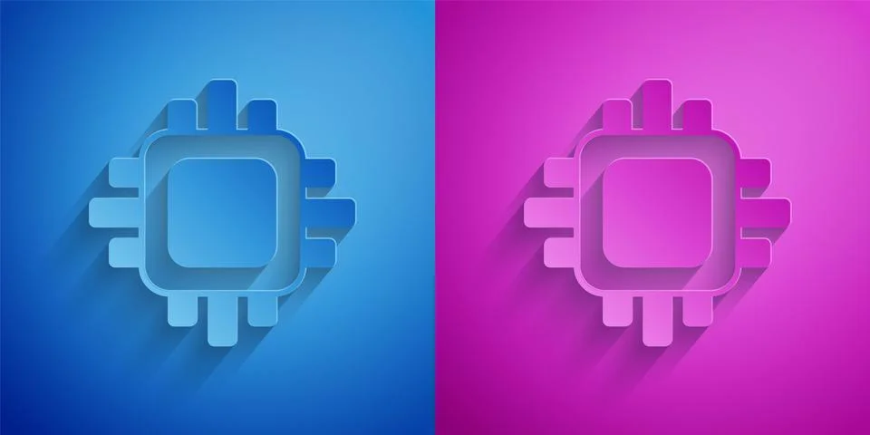Paper cut Computer processor with microcircuits CPU icon isolated on blue and Illustrazione stock