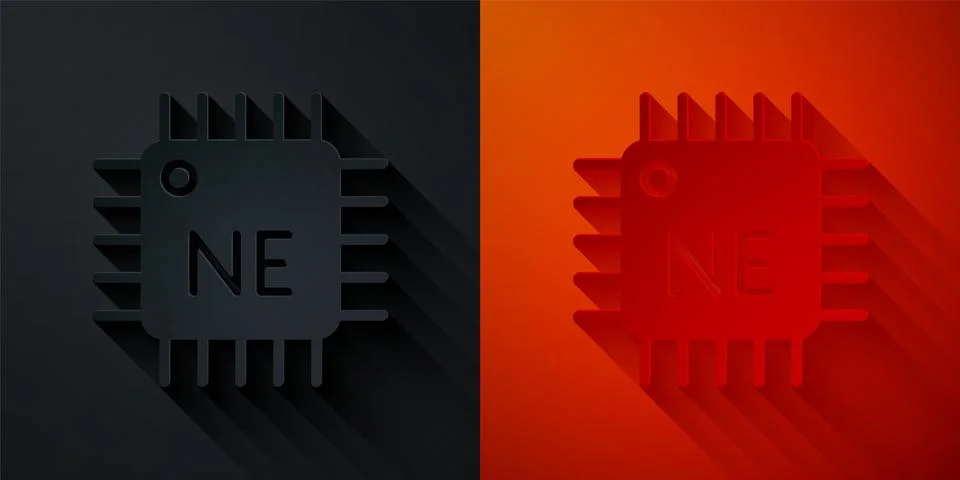 Paper cut Computer processor with microcircuits CPU icon isolated on black and イラスト素材