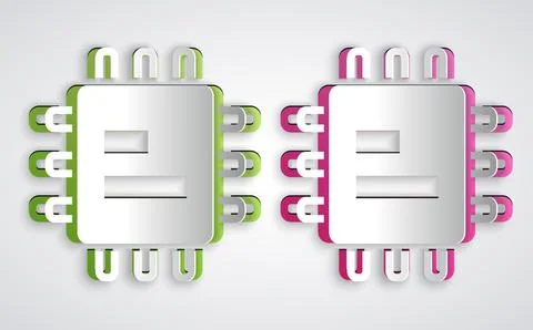 Paper cut Computer processor with microcircuits CPU icon isolated on grey Illustrazione stock