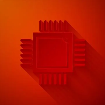 Paper cut Computer processor with microcircuits CPU icon isolated on red Stock Illustration