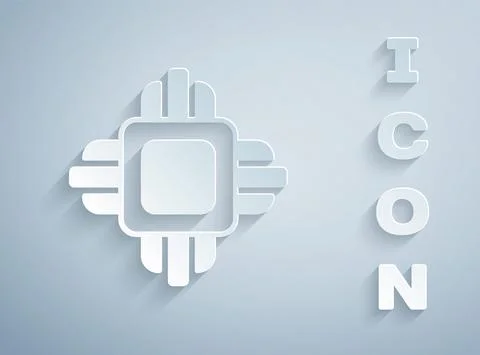 Paper cut Computer processor with microcircuits CPU icon isolated on grey Illustrazione stock