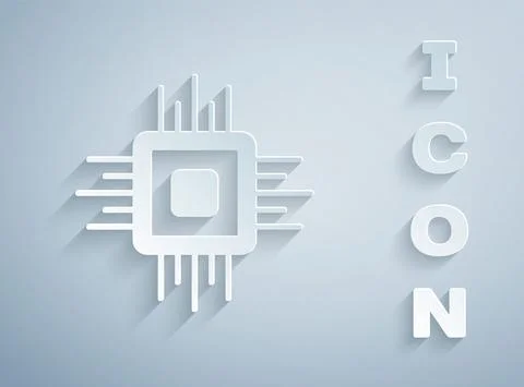 Paper cut Computer processor with microcircuits CPU icon isolated on grey イラスト素材