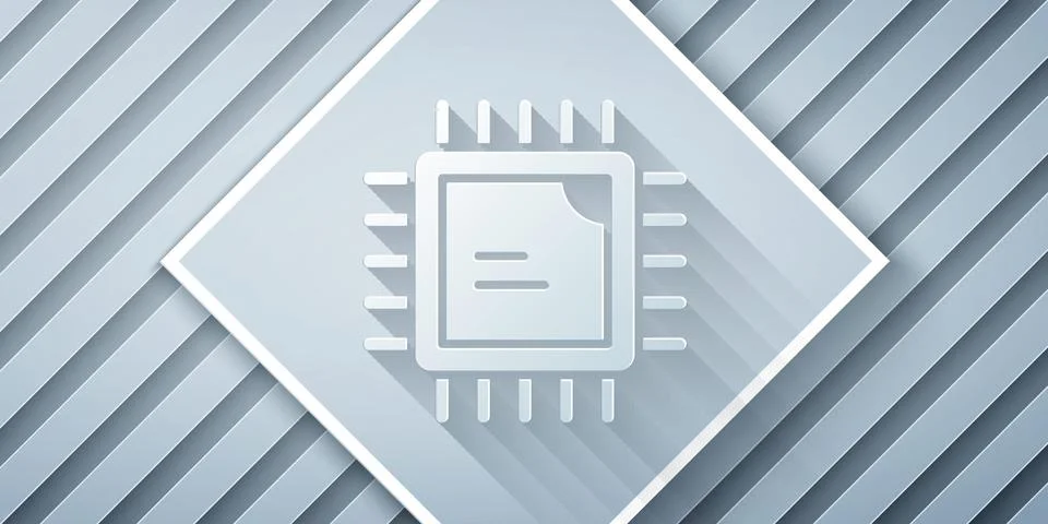 Paper cut Computer processor with microcircuits CPU icon isolated on grey Stock Illustration