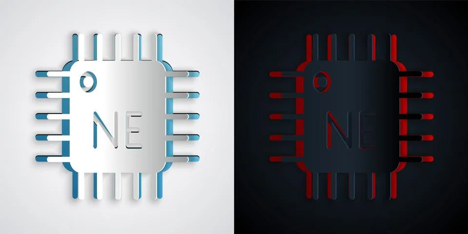 Paper cut Computer processor with microcircuits CPU icon isolated on grey and Illustrazione stock