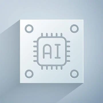Paper cut Computer processor with microcircuits CPU icon isolated on grey Illustrazione stock