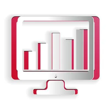 Paper cut Computer screen with financial charts and graphs icon isolated on Ilustración de archivo