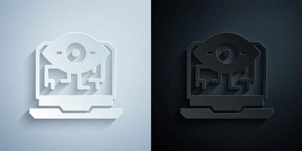 Paper cut Computer vision icon isolated on grey and black background. Technic Stock Illustration