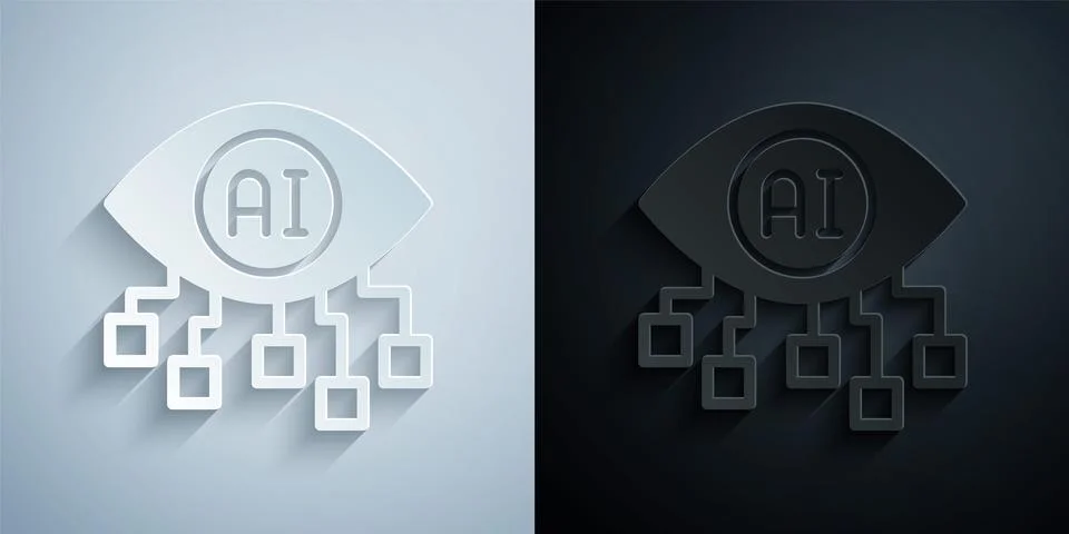 Paper cut Computer vision icon isolated on grey and black background. Technical Stock Illustration