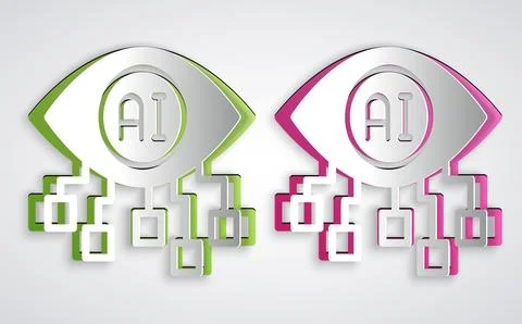 Paper cut Computer vision icon isolated on grey background. Technical vision Illustrazione stock