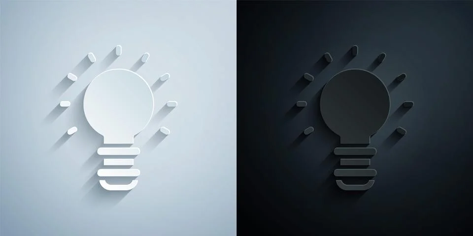 Paper cut Creative lamp light idea icon isolated on grey and black background Stock Illustration